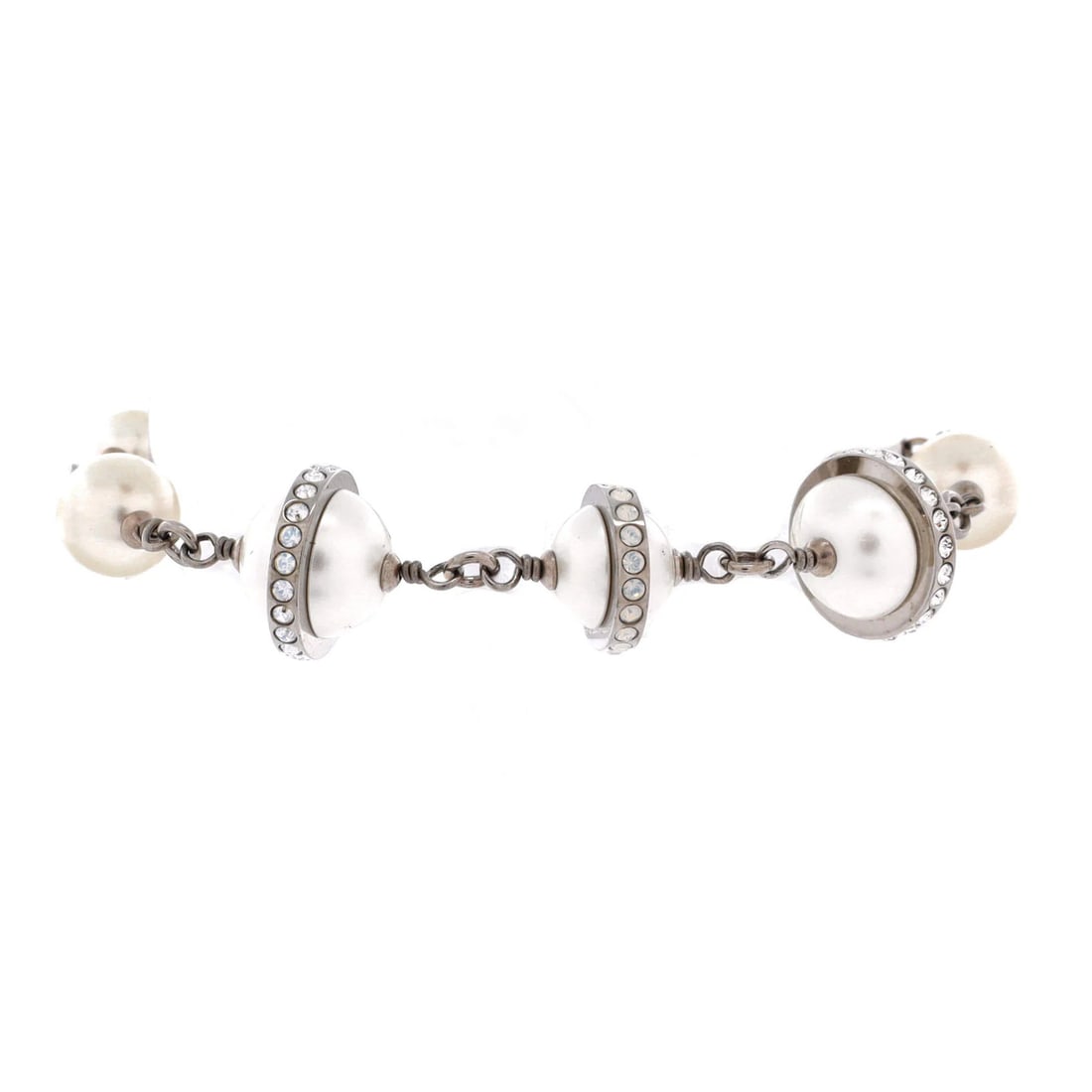Chanel CC Charm Bracelet Metal with Crystals and Faux Pearls: Chanel CC Charm Bracelet Metal with Crystals and Faux Pearls The Chanel CC Charm Bracelet Metal with Crystals and Faux Pearls boasts a sleek silver finish, adorned with crystals and faux pearls that