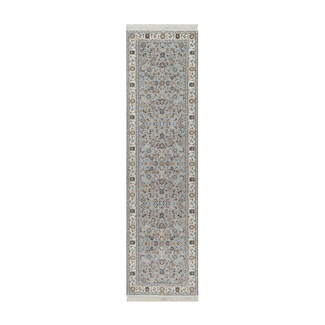 2'8"x10'1" Blue Wool and Silk Nain Floral Pattern Hand Knotted Runner Rug: 2'8"x10'1" Blue Wool and Silk Nain Floral Pattern Hand Knotted Runner Rug The Blue Wool and Silk Nain Floral Pattern Hand Knotted Runner Rug boasts an all-over regional design, showcasing intricate