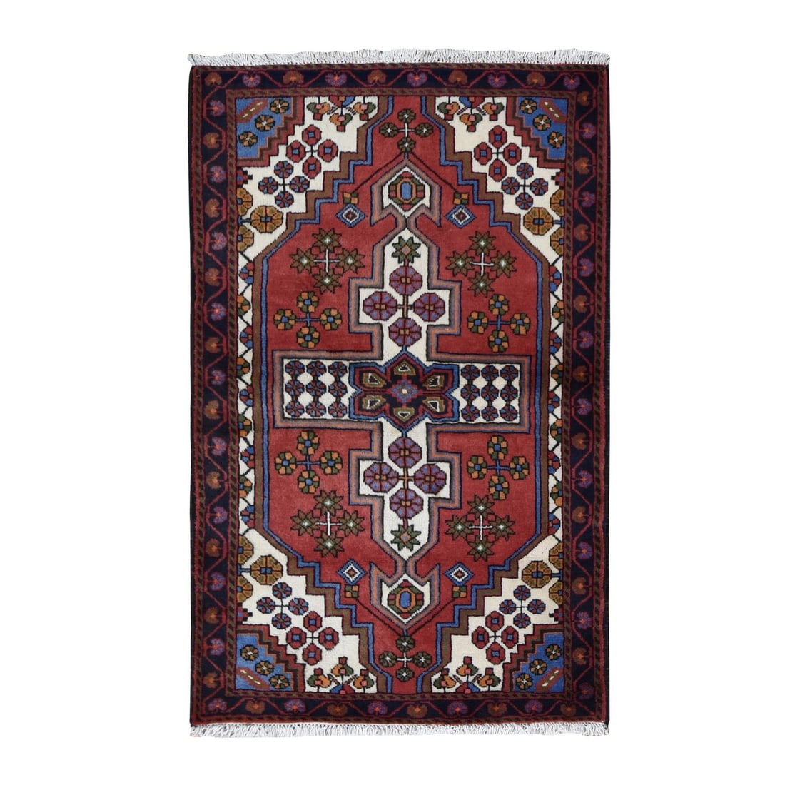 3'5"x5'3" Red New Zoroastrian Khamadan Pure Wool Hand Knotted Rug: 3'5"x5'3" Red New Zoroastrian Khamadan Pure Wool Hand Knotted Rug This stunning Red Zoroastrian Khamadan hand-knotted rug boasts an intricate Oriental regional design, crafted from pure wool and