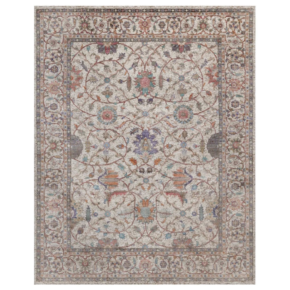 8'x10'1" Ivory Silk Progressive Kishoon Design Hand Knotted Pure Wool Rug: 8'x10'1" Ivory Silk Progressive Kishoon Design Hand Knotted Pure Wool Rug Hand-knotted with pure wool, this stunning 8'x10'1" Ivory Silk Kishoon design rug boasts an all-over regional pattern in a ric