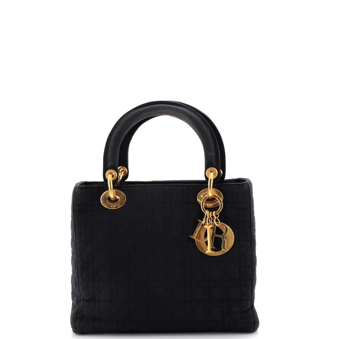 Christian Dior Vintage Lady Dior Bag Cannage Quilt Nylon Medium: Christian Dior Vintage Lady Dior Bag Cannage Quilt Nylon Medium Black Cannage Quilt Nylon Medium Lady Dior Bag with Gold Hardware, featuring a medium size and classic top handle design. The bag's