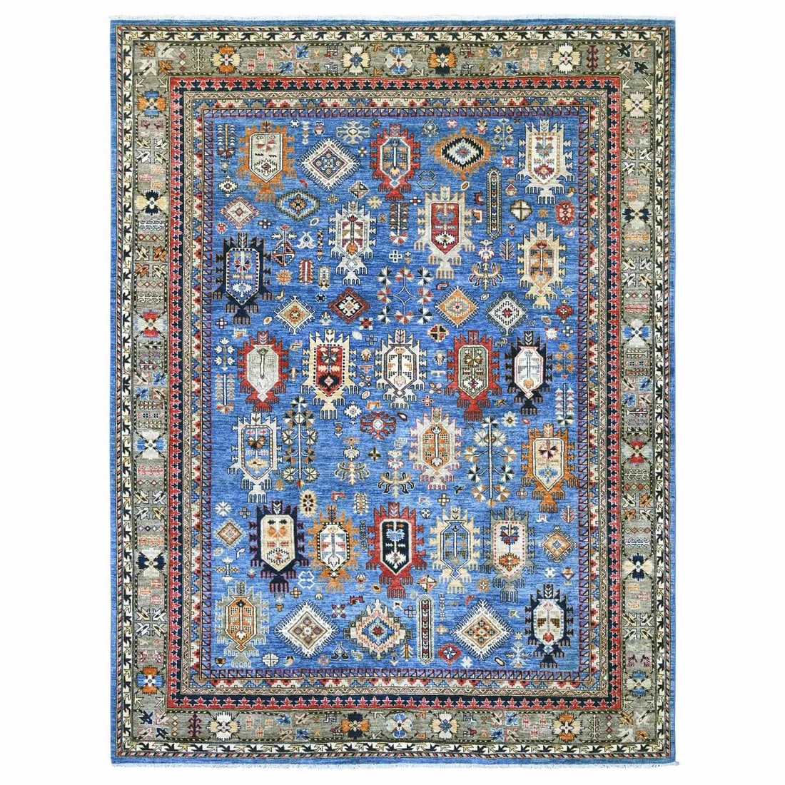 9'1"x11'9" Blue Afghan Ersari Caucasian Design Revival Hand Knotted Wool: 9'1"x11'9" Blue Afghan Ersari Caucasian Design Revival Hand Knotted Wool 9'1"x11'9" Blue Afghan Ersari Caucasian Design Revival Hand Knotted Wool rug boasts an all-over regional design in a vibrant