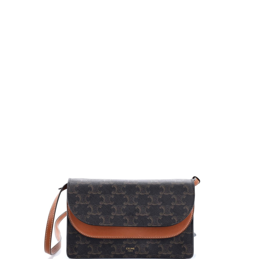 Celine Wallet on Strap Triomphe Coated Canvas: Celine Wallet on Strap Triomphe Coated Canvas The Celine Wallet on Strap Triomphe Coated Canvas boasts a rich, brown canvas exterior with minor creases and corner wear. This stylish cross-body bag