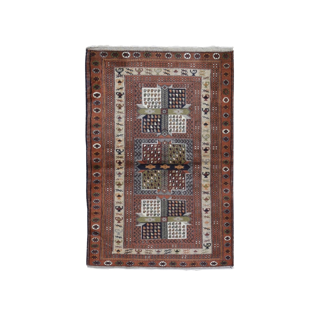 4'x5'10" Vintage Farsian Abadeh Block Design Hand Knotted Pure Wool Rug: 4'x5'10" Vintage Farsian Abadeh Block Design Hand Knotted Pure Wool Rug This stunning vintage Farsian Abadeh block design hand knotted pure wool rug boasts a rich, warm brown color and intricate patte