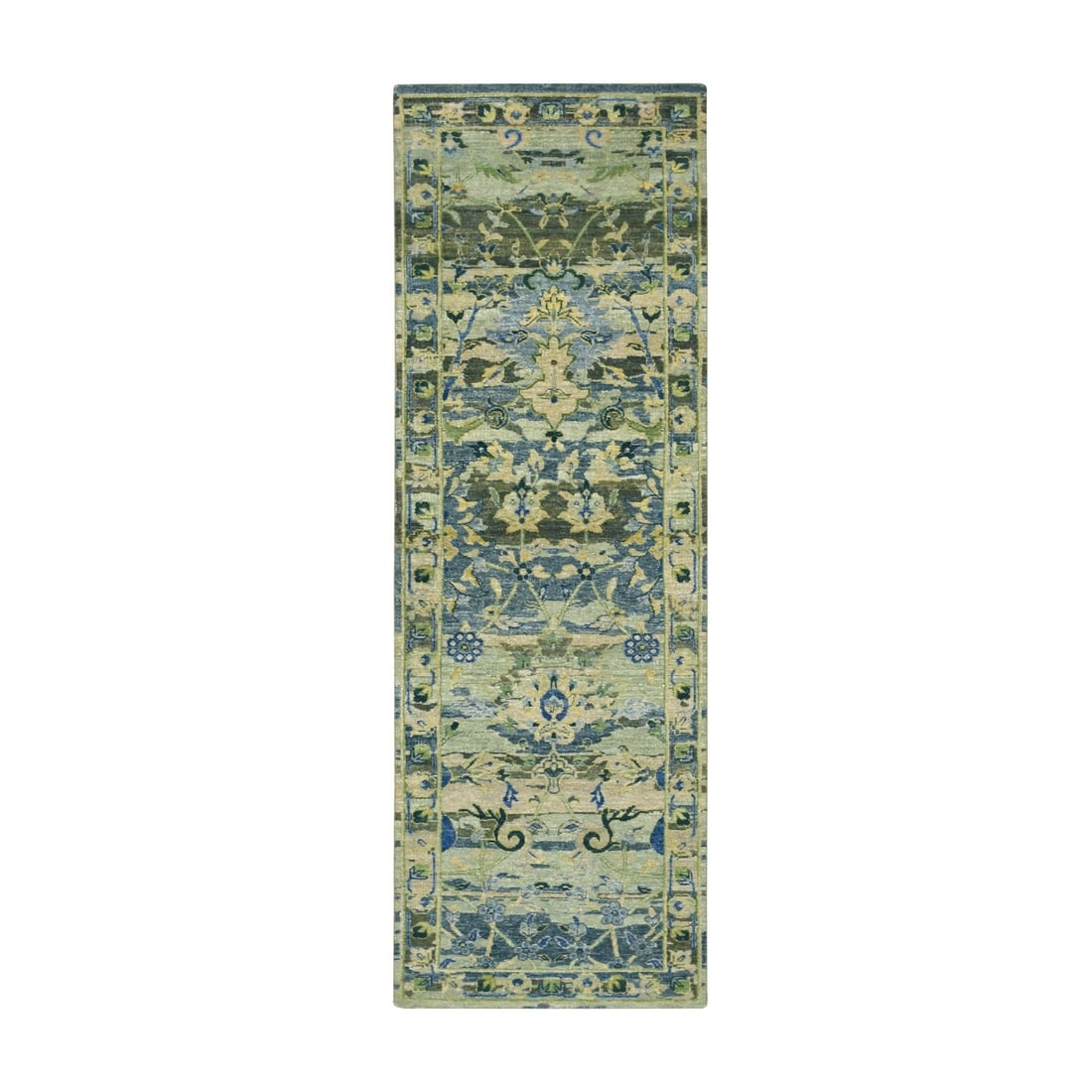 2'7"x8'4" Green Broken Birds Design Hand Knotted Pure Wool Runner Rug: 2'7"x8'4" Green Broken Birds Design Hand Knotted Pure Wool Runner Rug Hand-knotted in pure wool, this 2'7"x8'4" green broken birds design runner rug boasts an all-over regional Oriental pattern. Made