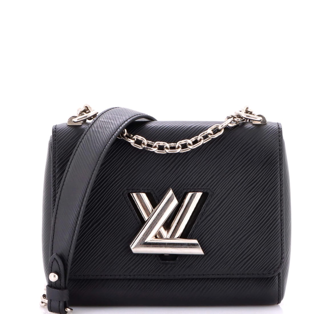 Louis Vuitton Twist Handbag Leather Epi: Louis Vuitton Twist Handbag Leather Epi Black Louis Vuitton Twist Handbag Leather Epi with silver hardware, featuring a cross body design and microfiber interior. The exterior shows minor scuffs and