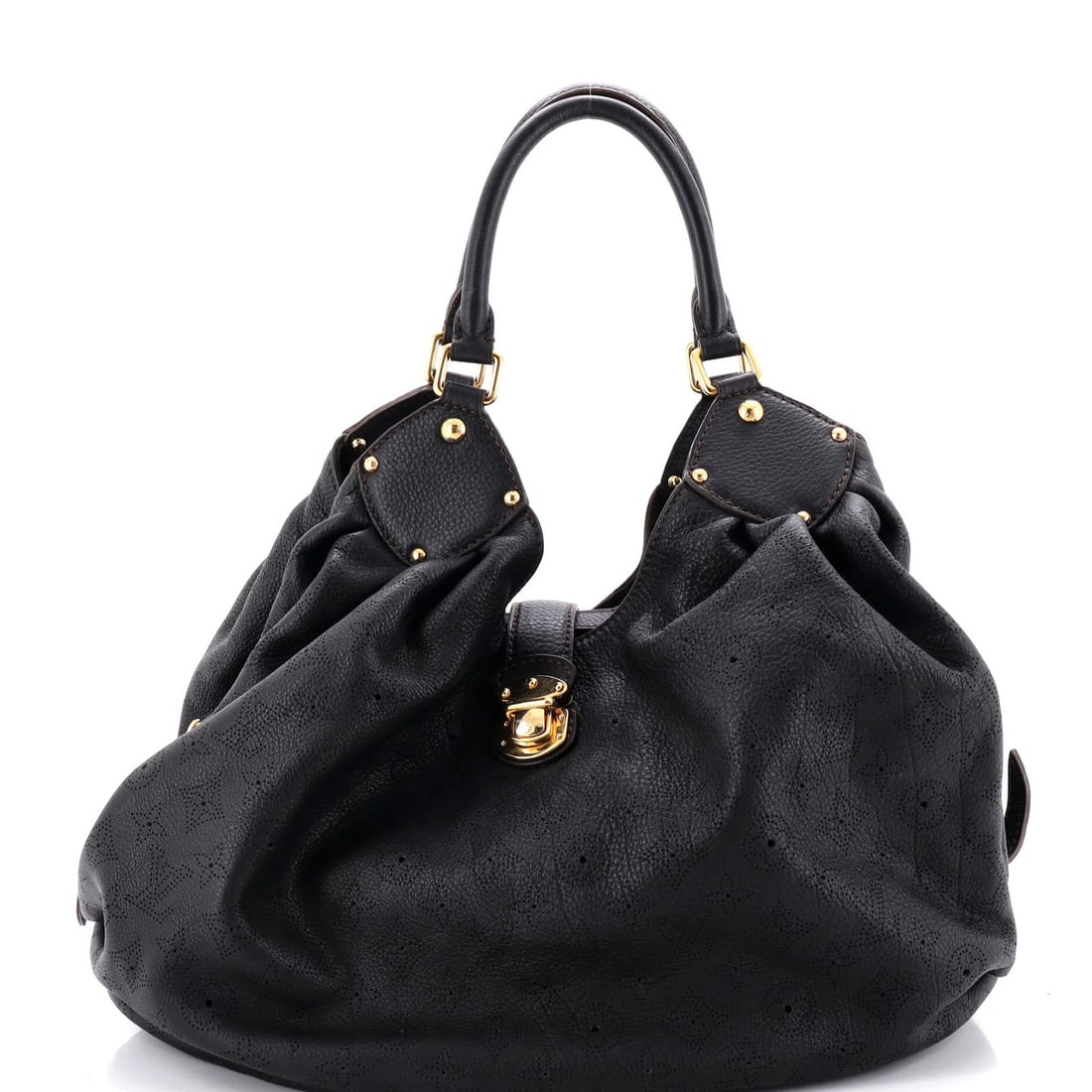 Louis Vuitton XL Hobo Mahina Leather: Louis Vuitton XL Hobo Mahina Leather The Louis Vuitton XL Hobo Mahina Leather features a classic black exterior with gold hardware and interior details in rich brown microfiber. Measuring 12" tall,