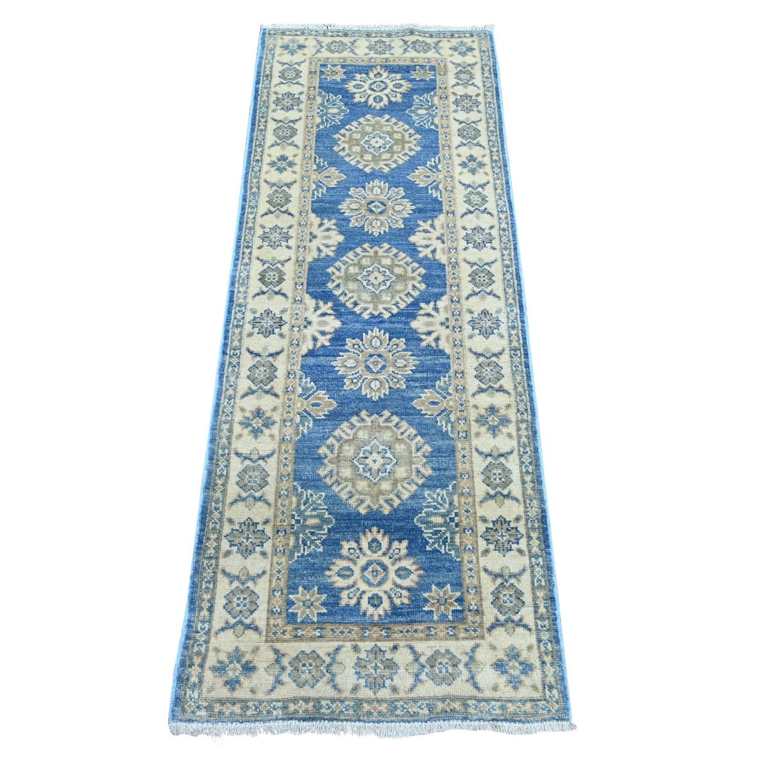 2'x5'6" Blue Vintage Look Kazak Tribal Medallions Hand Knotted Wool Runner: 2'x5'6" Blue Vintage Look Kazak Tribal Medallions Hand Knotted Wool Runner Hand-knotted wool medallions in vibrant blue create a stunning field on this vintage-inspired Kazak tribal runner, measuring 