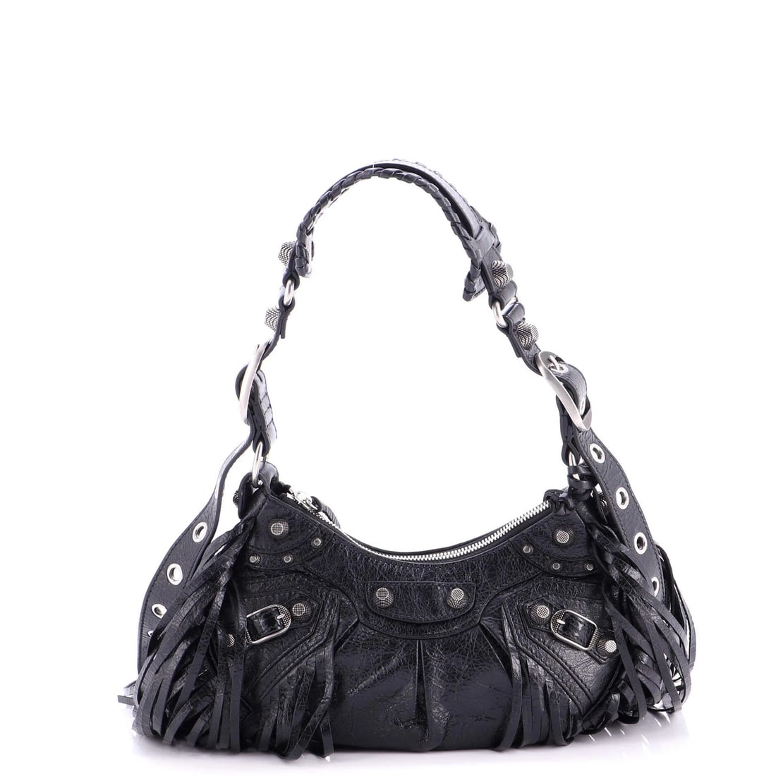 Balenciaga Le Cagole Giant Studs Fringe Shoulder Bag Leather XS: Balenciaga Le Cagole Giant Studs Fringe Shoulder Bag Leather XS Black leather Balenciaga Le Cagole Giant Studs Fringe Shoulder Bag with scuffs, edge wear, and minor creases. This classic hobos-style