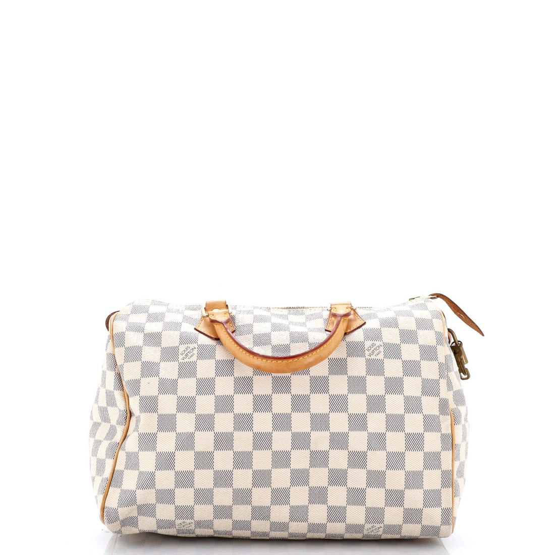 Louis Vuitton Speedy Handbag Damier 30: Louis Vuitton Speedy Handbag Damier 30 White canvas coated Louis Vuitton Speedy Handbag Damier 30 features a top handle and neutral interior, with gold hardware. The bag measures 9" tall, 12" wide,