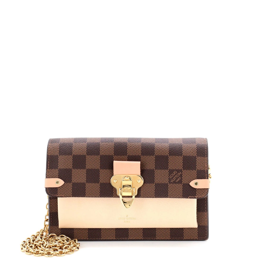 Louis Vuitton Vavin Chain Wallet NM Damier with Leather: Louis Vuitton Vavin Chain Wallet NM Damier with Leather Canvas Coated Leather Louis Vuitton Vavin Chain Wallet in Brown Damier with Black Interior and Gold Hardware, featuring edge wear, corner wear, 