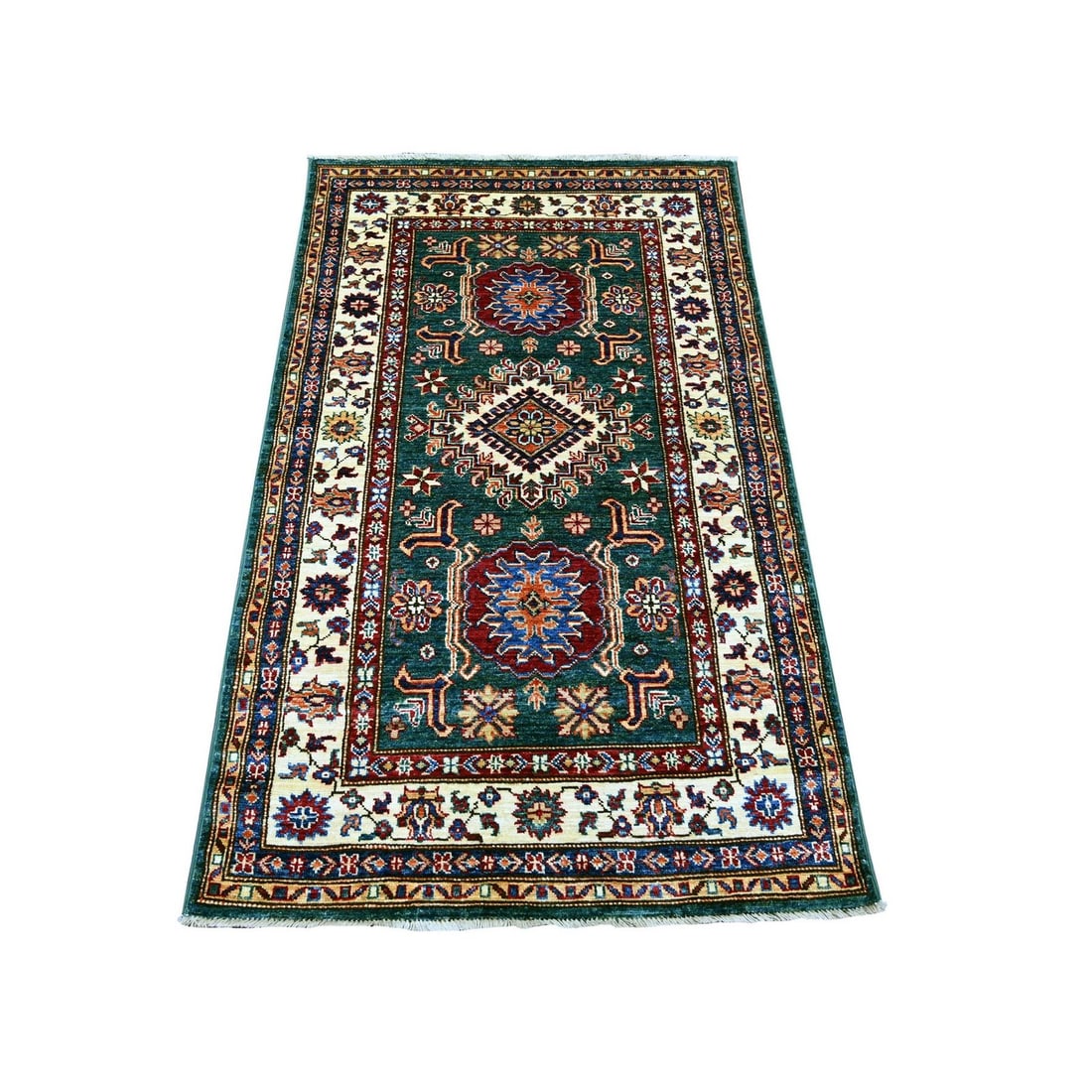 3'1"x5'1" Green Afghan Super Kazak Medallions Design Hand Knotted Wool Rug: 3'1"x5'1" Green Afghan Super Kazak Medallions Design Hand Knotted Wool Rug Hand-knotted in wool, this vibrant green Kazak-style rug boasts an all-over regional design featuring intricate patterns. Mad