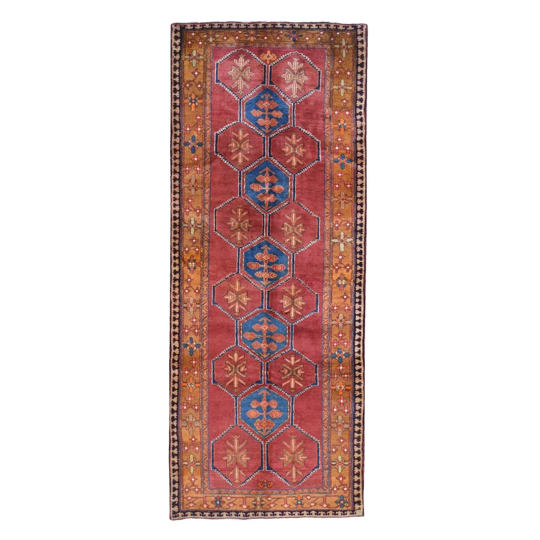5'x12'9" Old West Farsian Wide Gallery Size Runner Wool Handknotted Rug: 5'x12'9" Old West Farsian Wide Gallery Size Runner Wool Handknotted Rug Hand-knotted in wool, this stunning 5'0" x 12'9" Oriental runner rug boasts a rich red field color with intricate regional desig