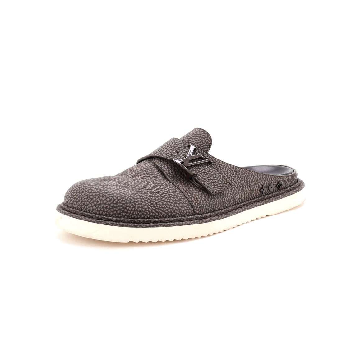 Louis Vuitton Men's LV Easy Mules Nubuck Calfskin: Louis Vuitton Men's LV Easy Mules Nubuck Calfskin Nubuck calfskin upper in rich brown, the Louis Vuitton Men's LV Easy Mules feature a sleek design with subtle creasing and scuffs throughout. Minor