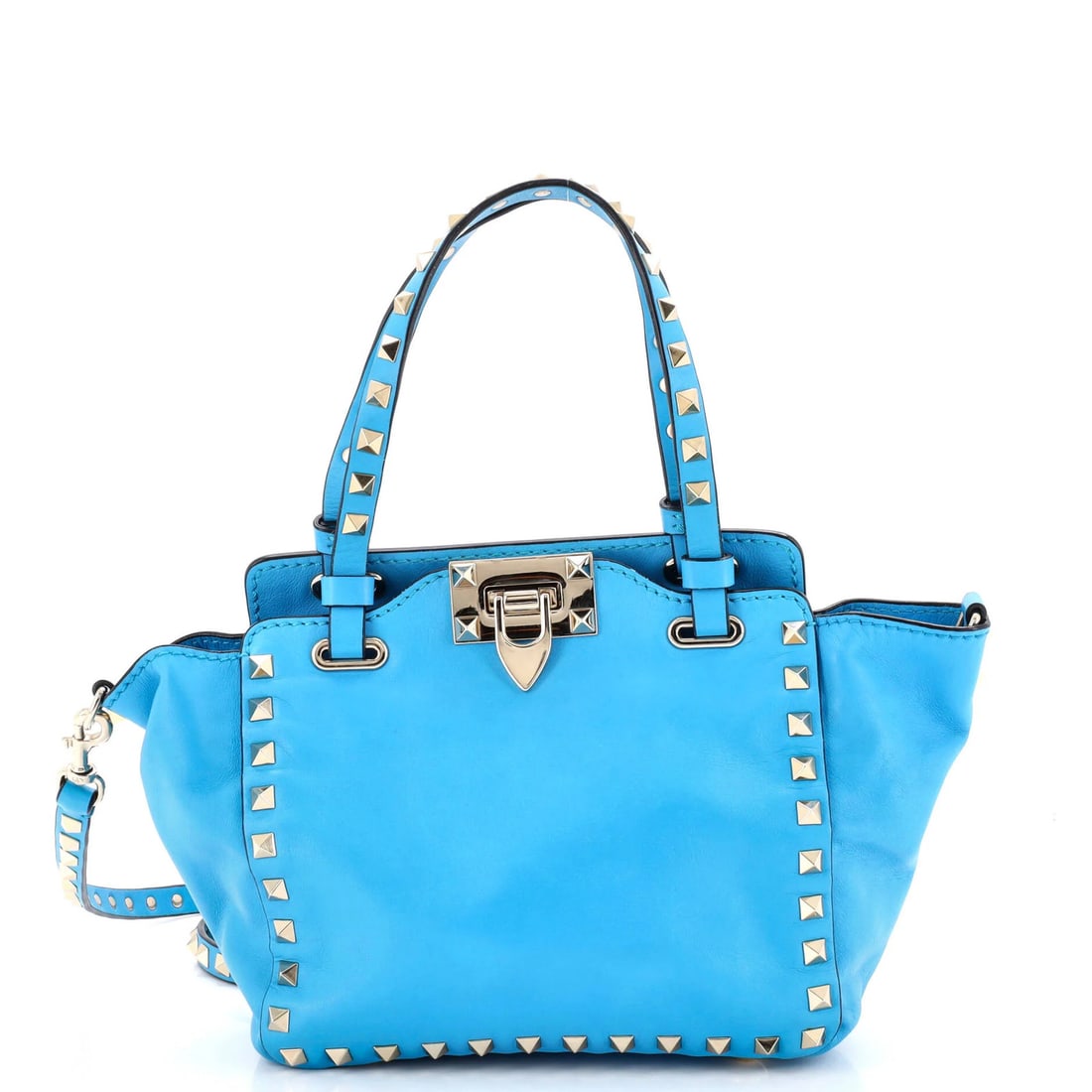 Soft Leather Small Valentino Garavani Tote Rockstud: Soft Leather Small Valentino Garavani Tote Rockstud Soft and stylish, this Small Valentino Garavani Rockstud Tote boasts a beautiful blue exterior made from soft leather. The Rockstud design adds an