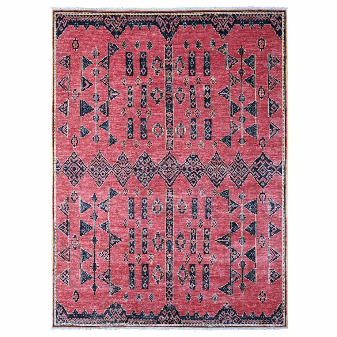 8'7"x11'3" Red Peshawar Berber Influence Geometric Pattern Oriental Rug: 8'7"x11'3" Red Peshawar Berber Influence Geometric Pattern Oriental Rug Red Peshawar Berber Influence Geometric Pattern Oriental Rug measures 8'7" x 11'3". This 100% wool rug features a striking geome