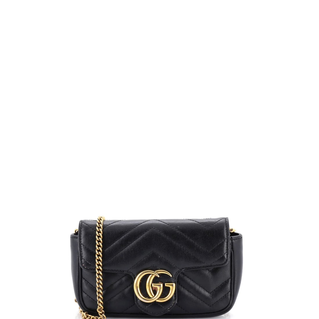 Matelasse leather flap bag super mini Gucci GG marmont: Matelasse leather flap bag super mini Gucci GG marmont Small but stylish, this Gucci GG Marmont super mini flap bag boasts a sleek black exterior and neutral interior. With its heavy edge wear, scuffs