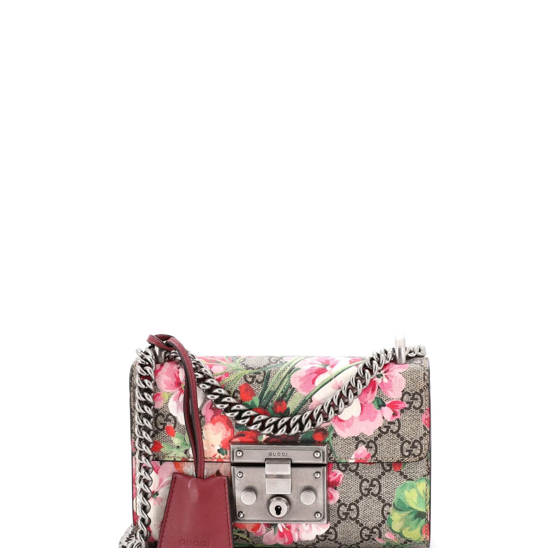 GG Coated Canvas Small Blooms Print Shoulder Bag: GG Coated Canvas Small Blooms Print Shoulder Bag Small Blooms Print GG Coated Canvas Shoulder Bag in Brown, featuring a canvas exterior with microfiber interior and aged silver hardware. The bag's min