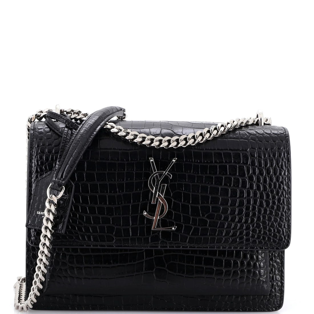Saint Laurent Sunset Crossbody Bag Crocodile Embossed Leather Medium: Saint Laurent Sunset Crossbody Bag Crocodile Embossed Leather Medium Black crocodile embossed leather medium Saint Laurent Sunset Crossbody Bag with scuffed exterior, minor creases and cracking. The b