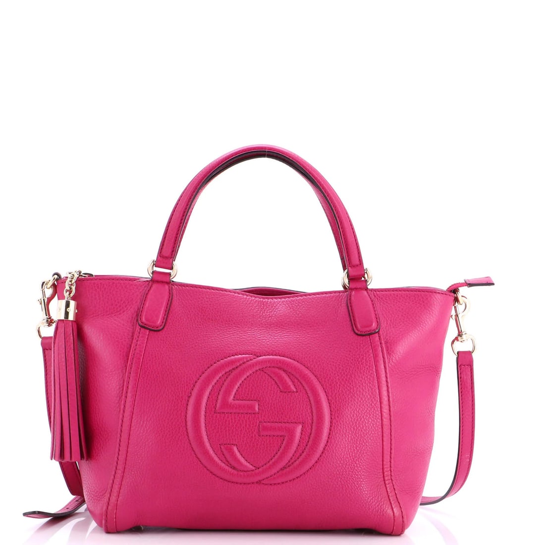 Soho Leather Top Bag Handle Convertible Small Gucci: Soho Leather Top Bag Handle Convertible Small Gucci Pink Soho Leather Top Handle Convertible Small Gucci Bag with Strap, featuring a classic design and heavy leather exterior. The bag measures 9" high