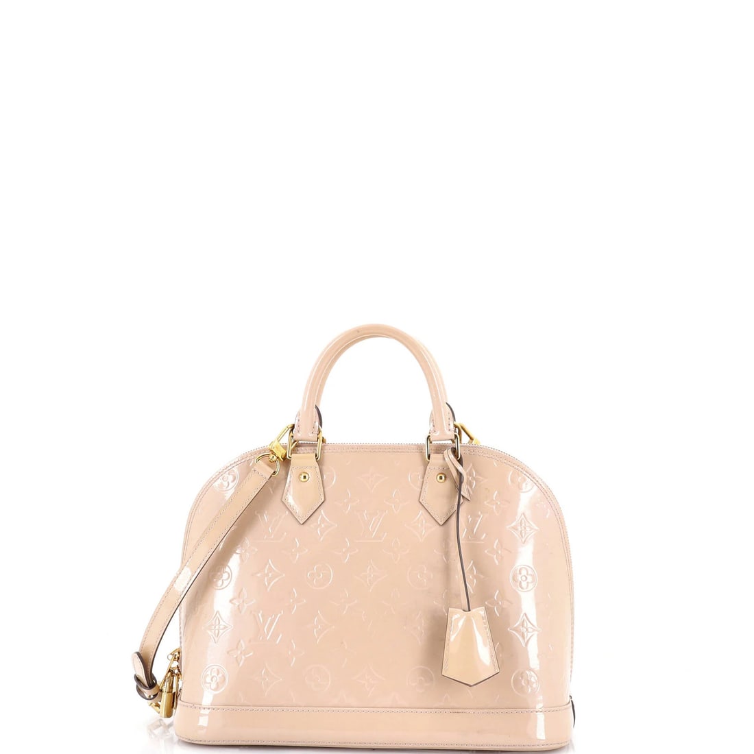 Vernis Monogram Alma PM Handbag Louis Vuitton: Vernis Monogram Alma PM Handbag Louis Vuitton Patent Leather exterior, neutral color, and iconic Monogram Vernis PM design make this Louis Vuitton Alma handbag a stylish addition. With its top