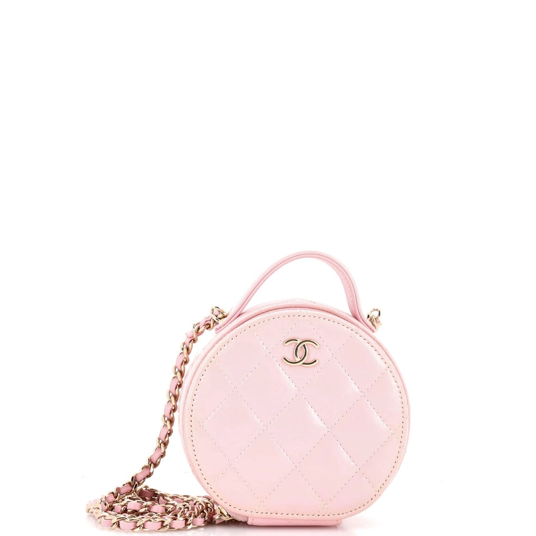 Handle care round case chain quilted lambskin small vanity: Handle care round case chain quilted lambskin small vanity Pink leather cross body bag with chain quilted lambskin exterior, featuring a small size and round handle. The interior is made of fabric