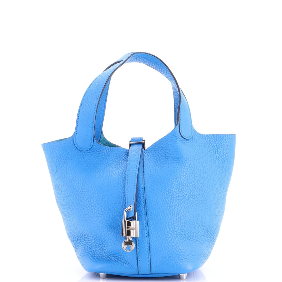 Hermes picotin lock bag clemence pm: Hermes picotin lock bag clemence pm The Hermes Picotin Lock Bag Clemence PM boasts a sleek, blue leather exterior with Palladium hardware. Minor wear and scuffs are present on the corners and edges,