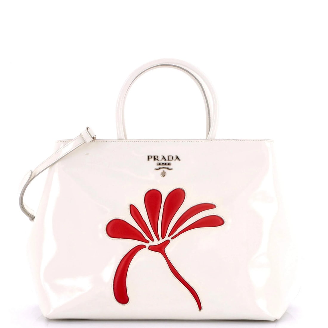Spazzolato leather medium open convertible tote flowers: Spazzolato leather medium open convertible tote flowers Spazzolato leather medium open convertible tote flowers in vibrant multicolors, featuring patent leather exterior and contrasting gray and