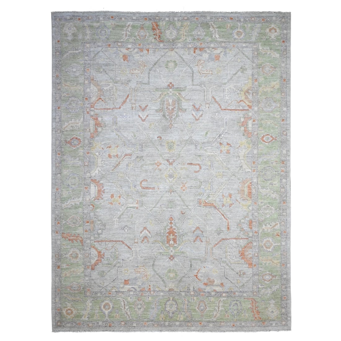 8'10"x12' Platinum Gray Afghan Angora Oushak Natural Dyes Oriental Rug: 8'10"x12' Platinum Gray Afghan Angora Oushak Natural Dyes Oriental Rug Platinum gray Afghan Angora Oushak rug boasts an elegant rectangular field with intricate regional design, showcasing the rich