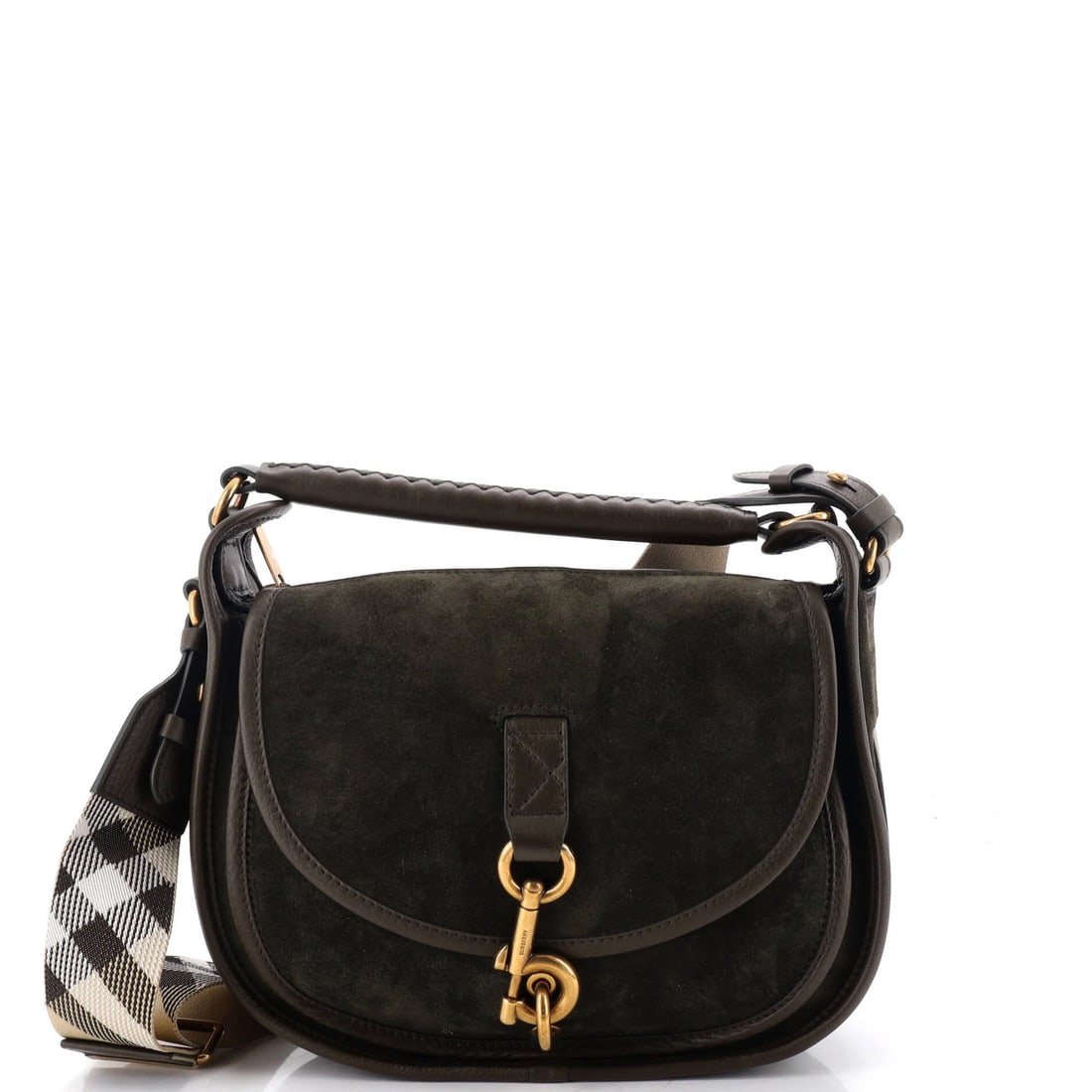 Suede messenger bag small clip from Burberry: Suede messenger bag small clip from Burberry Small clip messenger bag from Burberry features suede exterior in green, with leather interior and gold hardware. The bag has some wear and tear,