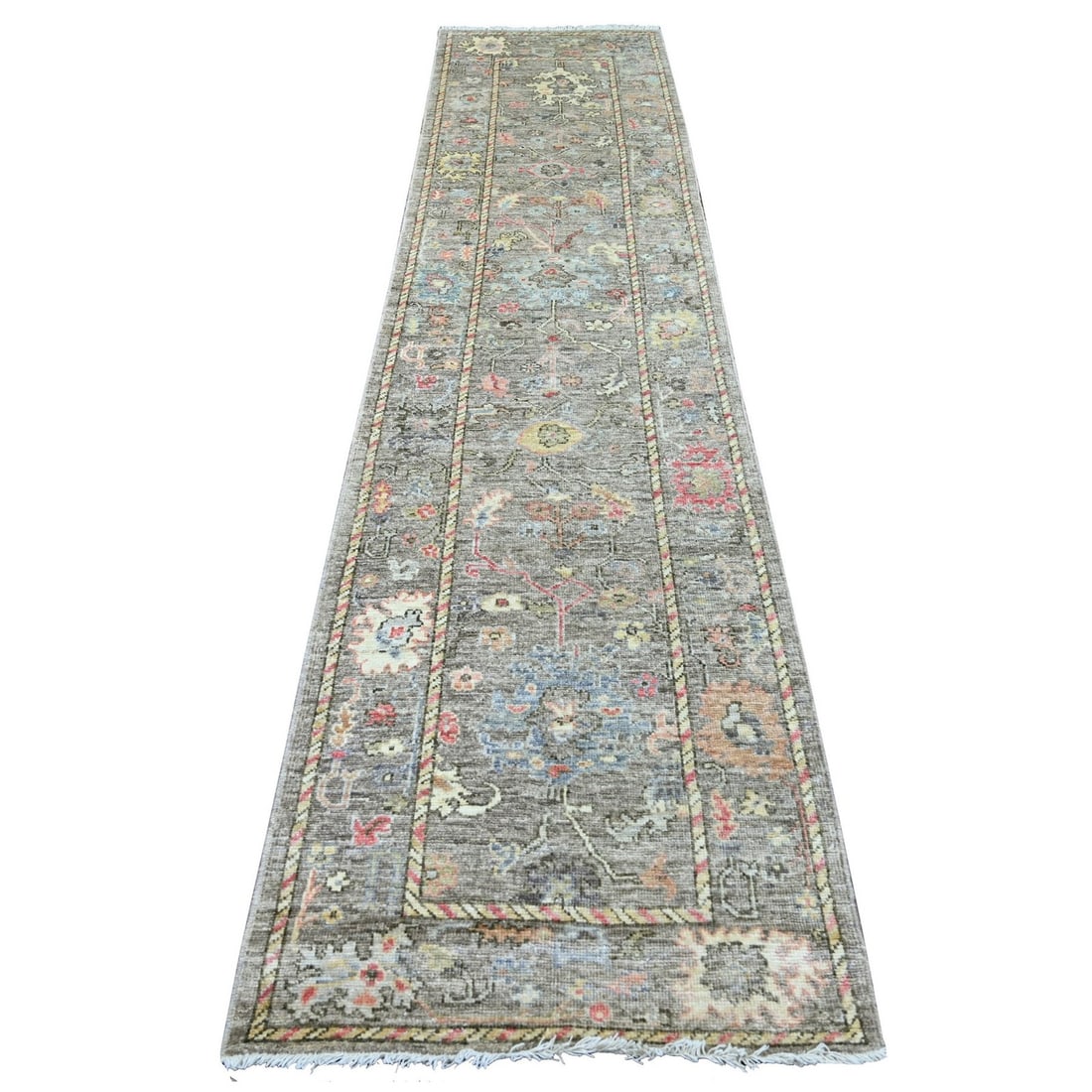 2'7"x11'6"Tortilla Brown Afghan Angora Oushak Hand Knotted Wool Runner Rug: 2'7"x11'6"Tortilla Brown Afghan Angora Oushak Hand Knotted Wool Runner Rug Tortilla Brown Afghan Angora Oushak Hand Knotted Wool Runner Rug boasts an intricate floral pattern, characteristic of the