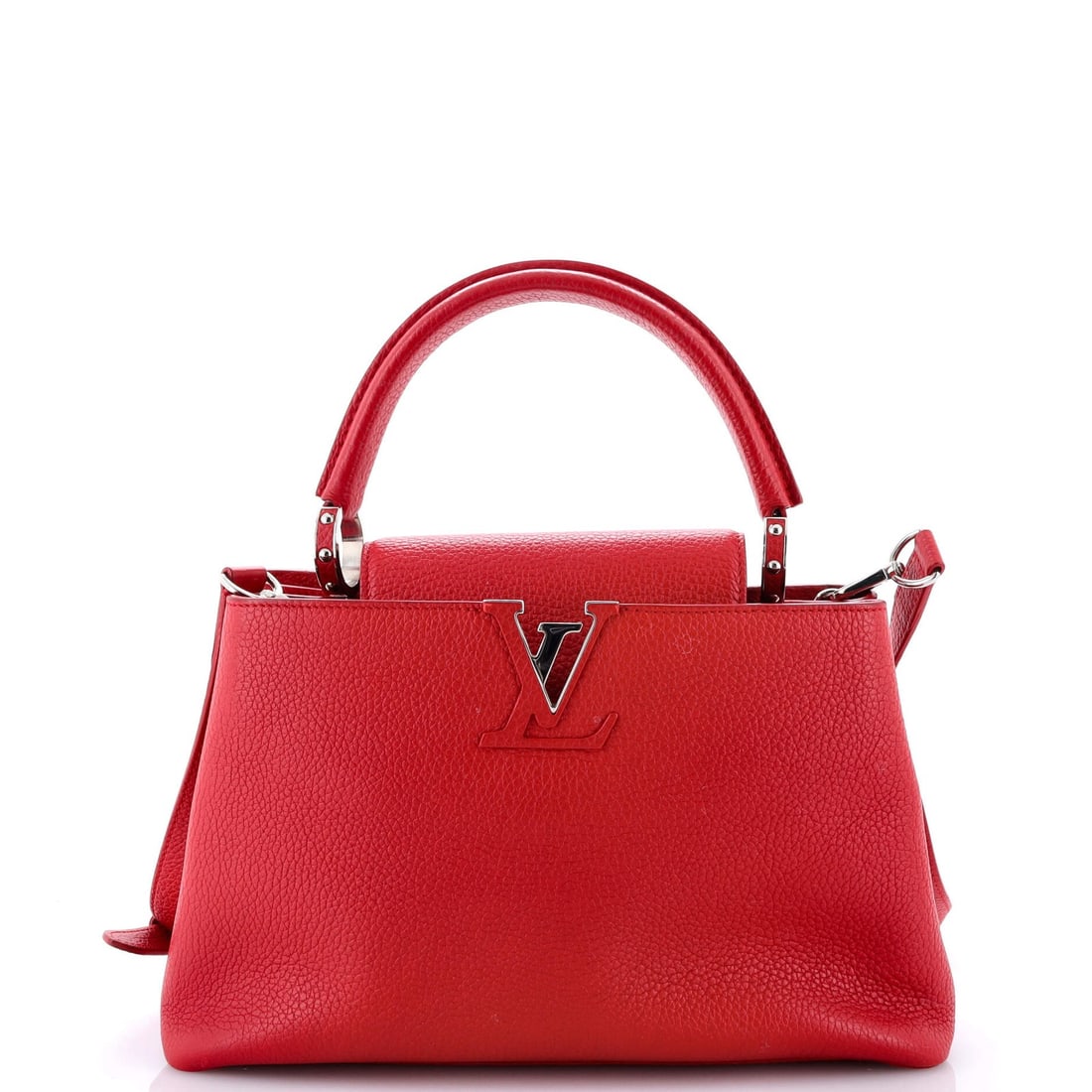 Capucines Bag Leather Louis Vuitton PM: Capucines Bag Leather Louis Vuitton PM Red Capucines Bag Leather Louis Vuitton PM with Strap, featuring exterior leather and interior leather in red, measures 4.5" handle drop, 8" height, 12" width,