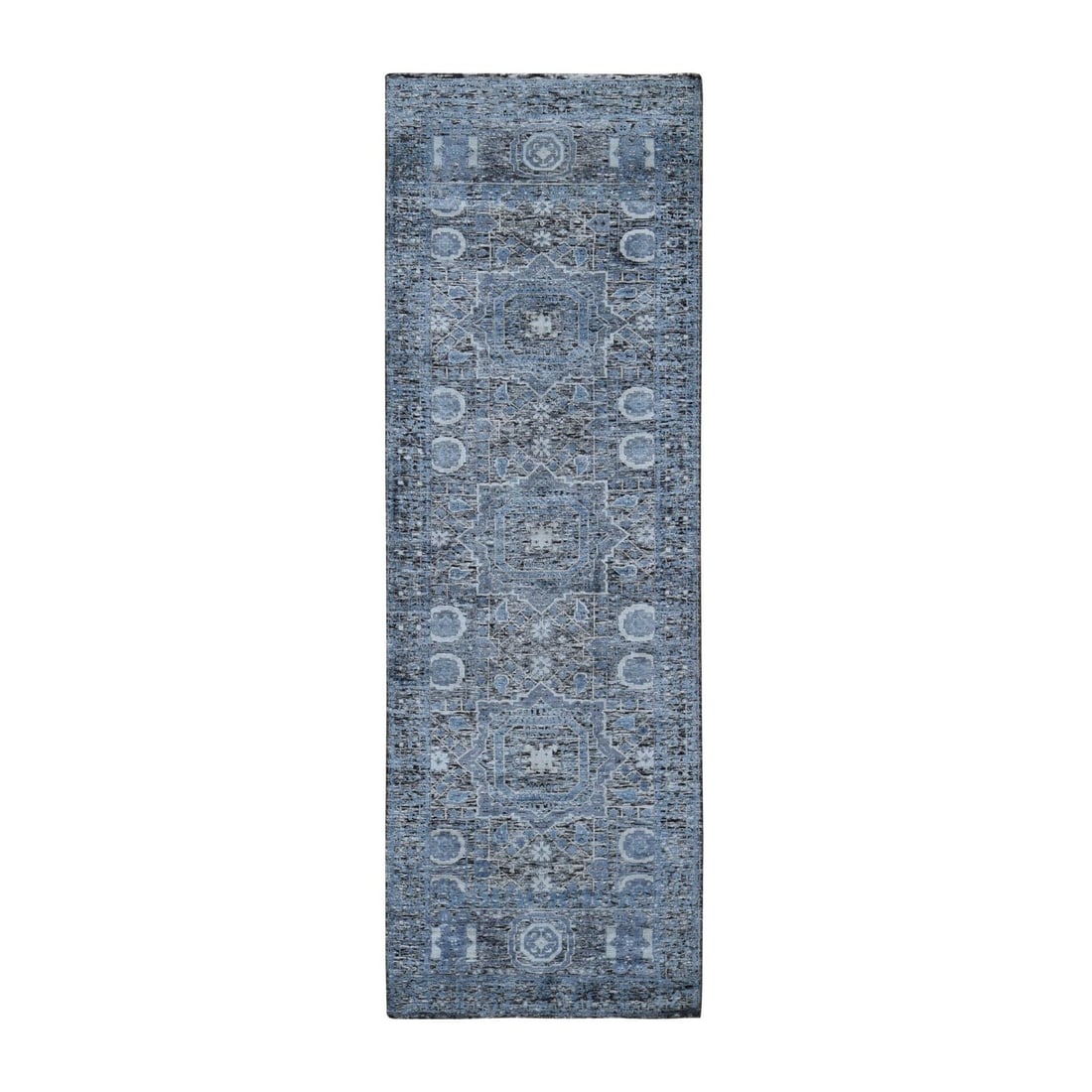 2'7"x8'1" Silk With Textured Wool Hi-Low Pile Mamluk Design Runner Rug: 2'7"x8'1" Silk With Textured Wool Hi-Low Pile Mamluk Design Runner Rug Silk and textured wool blend in a stunning Mamluk design, creating a unique hi-low pile runner rug. Hand-knotted with intricate d
