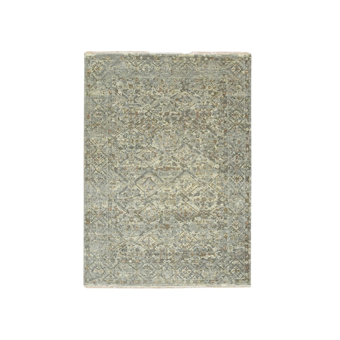 5'x7' Gray Erased and Broken Garden Design Hand Knotted Pure Wool Rug: 5'x7' Gray Erased and Broken Garden Design Hand Knotted Pure Wool Rug This 5'x7' gray hand-knotted pure wool rug features an erased and broken garden design, adding a unique touch to any indoor