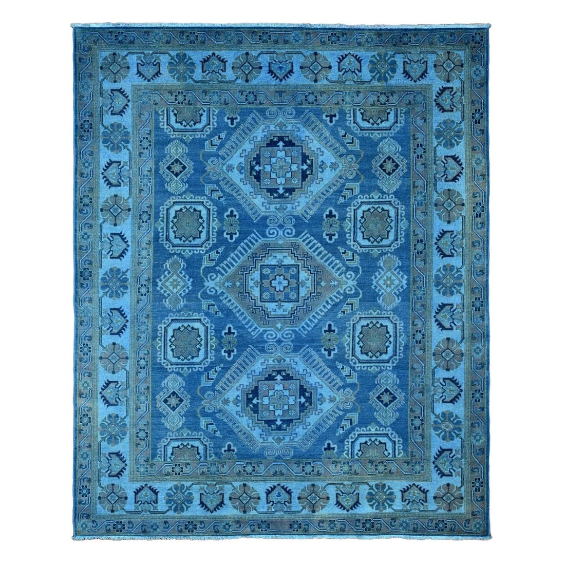 8'x9'9" Blue 100% Wool Overdyed Kazak Medallions Design Hand Knotted Rug: 8'x9'9" Blue 100% Wool Overdyed Kazak Medallions Design Hand Knotted Rug Blue 100% Wool Overdyed Kazak Medallions Design Hand Knotted Rug measures 117" x 95" and features a rectangular field with a bl