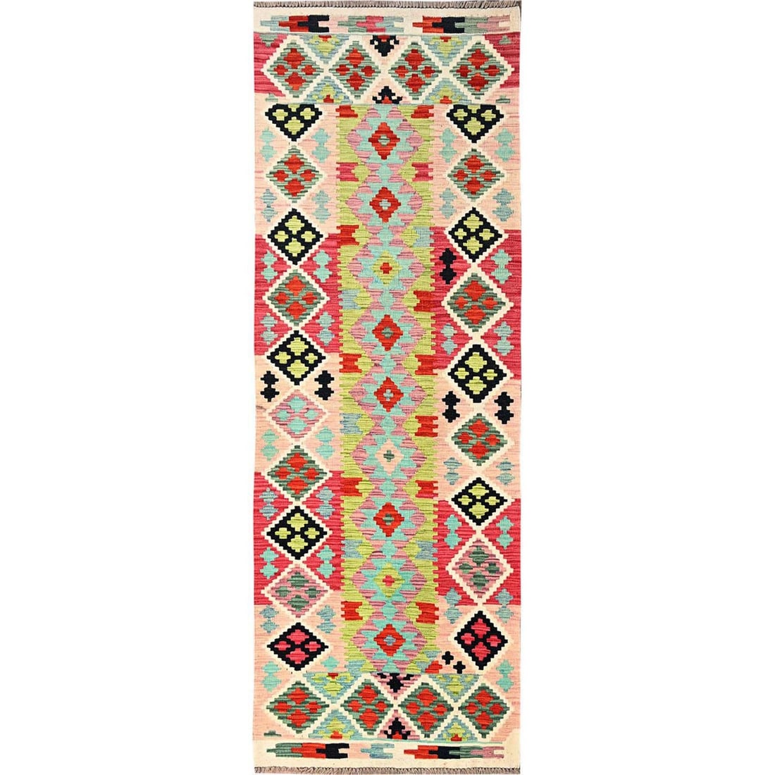 3'x8'6" Colorful Afghan Kilim 100% Wool Rug Flat Weave Hand Woven Runner: 3'x8'6" Colorful Afghan Kilim 100% Wool Rug Flat Weave Hand Woven Runner Colorful and vibrant, this 3'x8'6" hand-woven wool kilim runner boasts an intricate geometric pattern in a mix of multicolored 