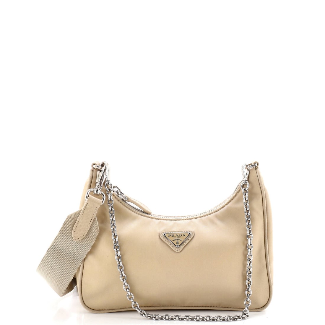 Tessuto small Prada shoulder bag re-edition 2005: Tessuto small Prada shoulder bag re-edition 2005 Small Prada Tessuto shoulder bag, re-edition from 2005, boasts a neutral exterior and interior in matching fabric. The nylon exterior features subtle