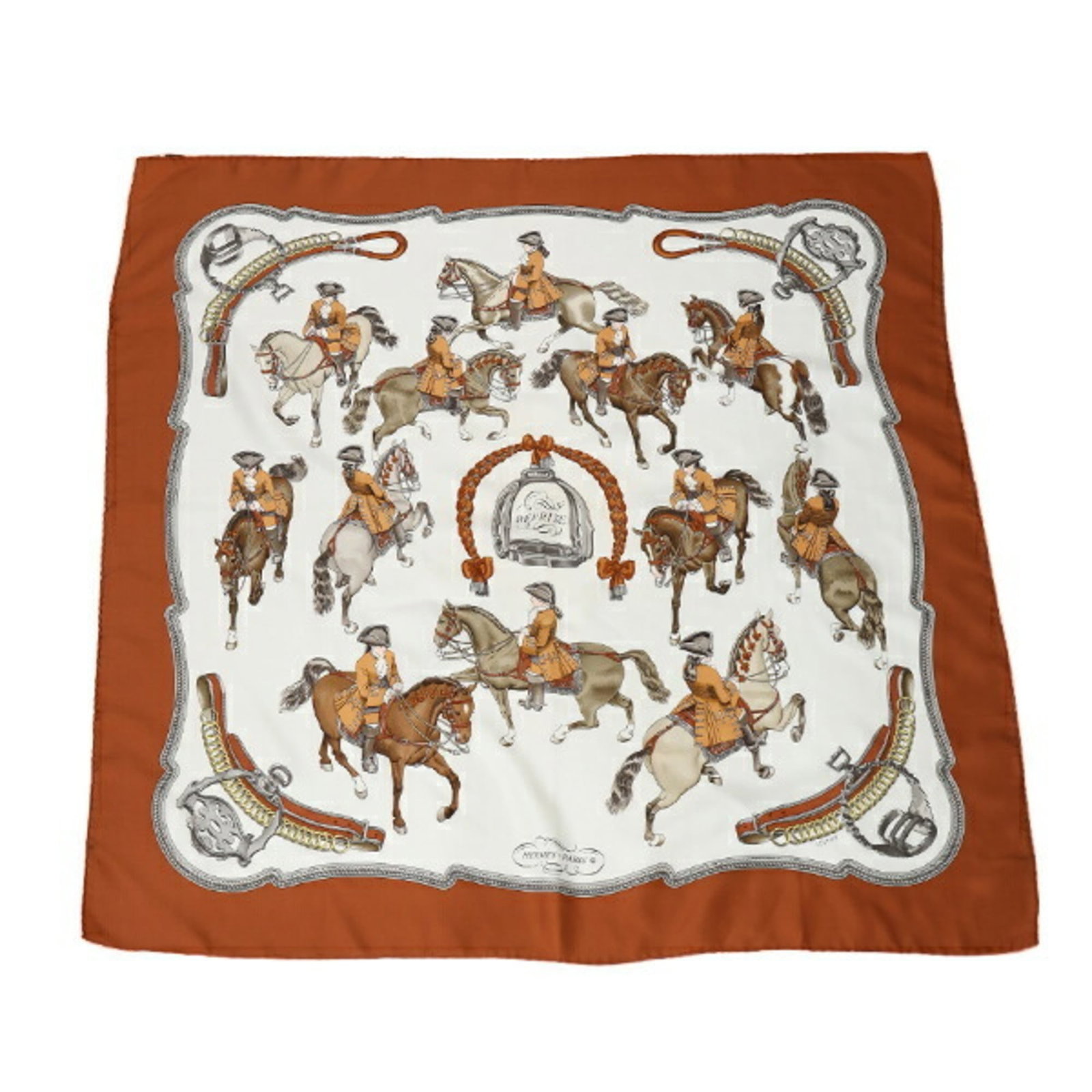 Hermes silk scarf: Hermes silk scarf Silk scarf from renowned French fashion house Hermes, featuring a rich brown color and high-quality silk material. Measuring 89cm x 87.5cm, this elegant accessory boasts a classic de