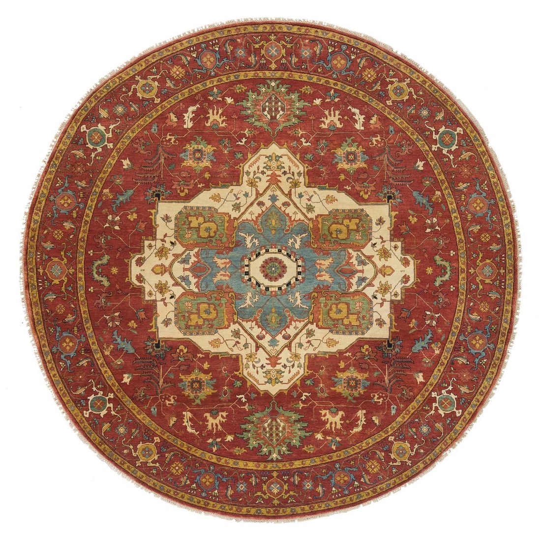 10'x10' Red Hand Knotted Fine Heris Re-Creation Wool Round Oriental Rug: 10'x10' Red Hand Knotted Fine Heris Re-Creation Wool Round Oriental Rug Hand-knotted with precision, this stunning 10'x10' Red Heris wool round Oriental rug boasts vibrant red hues and intricate