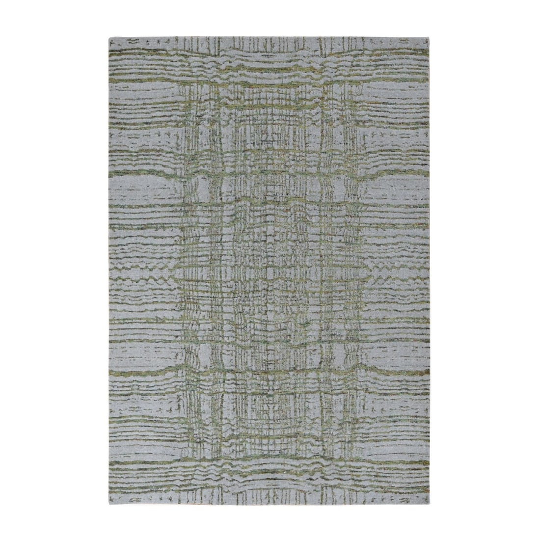 6'x8'9" Goose Gray Modern Fine Jacquard Hand Loomed Wool and Art Silk Rug: 6'x8'9" Goose Gray Modern Fine Jacquard Hand Loomed Wool and Art Silk Rug Modern fine Jacquard hand loomed wool and art silk rug in a stunning grey hue, featuring an oriental-inspired design. This