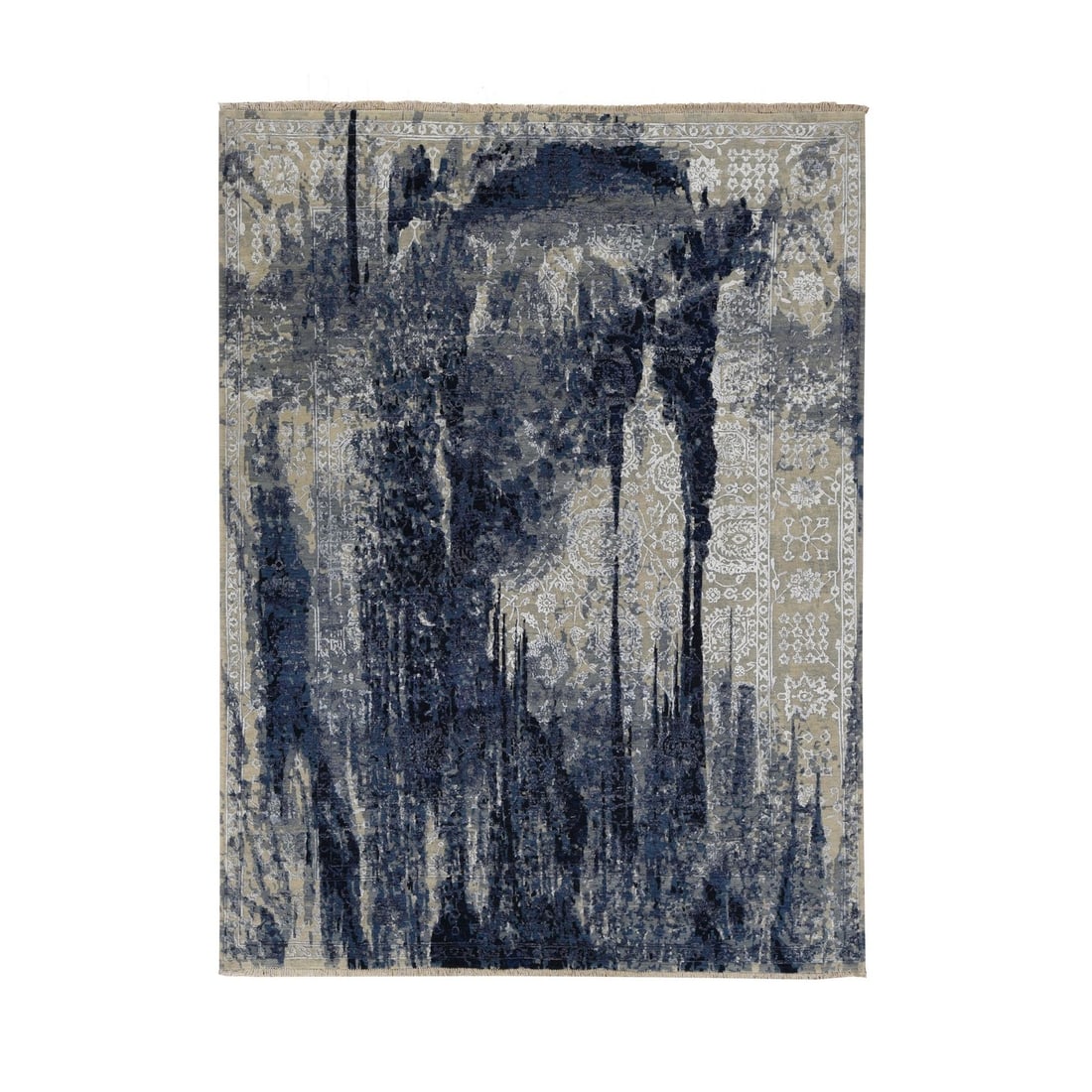 6'x8'10" Blue Wool and Silk Japanese Shibori Design Hand Knotted Rug: 6'x8'10" Blue Wool and Silk Japanese Shibori Design Hand Knotted Rug This stunning 6'x8'10" Blue Wool and Silk Japanese Shibori Design Hand Knotted Rug boasts an intricate, hand-woven design that
