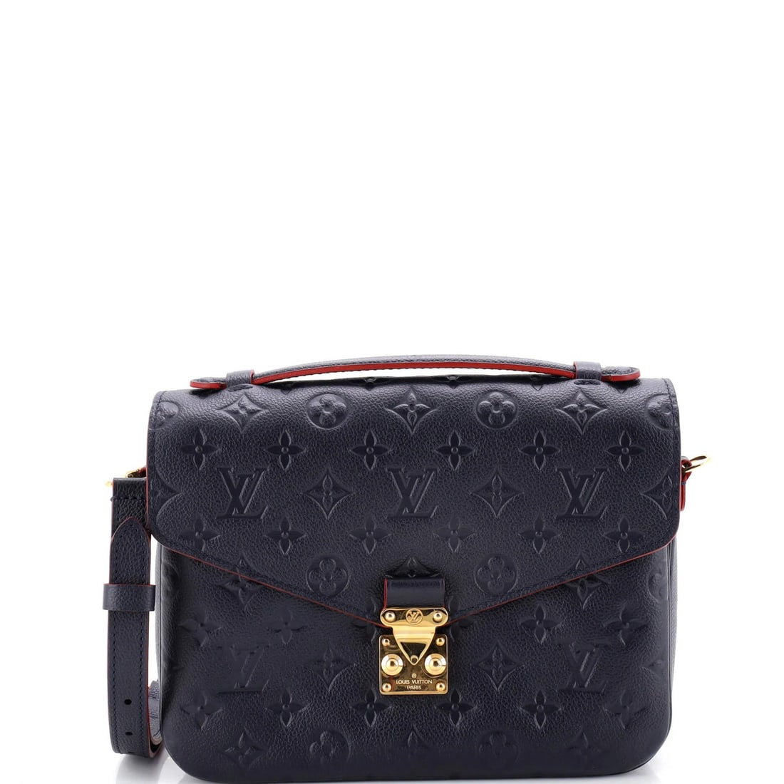 Louis Vuitton Leather Empreinte Monogram Pochette: Louis Vuitton Leather Empreinte Monogram Pochette Blue Louis Vuitton Leather Empreinte Monogram Pochette with Gold Hardware, featuring edge wear and minor scuffs on the exterior, and a red interior.