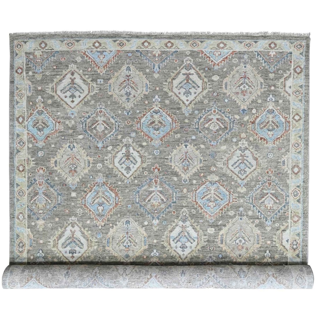 10'x13'8" Sage Green Hand Knotted Oushak All Over Design Soft Wool Rug: 10'x13'8" Sage Green Hand Knotted Oushak All Over Design Soft Wool Rug Soft and serene, this 10'x13'8" Sage Green Hand Knotted Oushak rug brings an oasis of calm to any room with its all-over design
