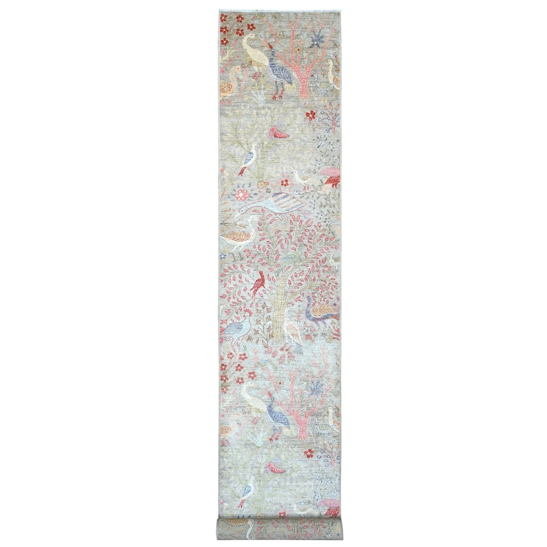 3'x19'5" Gray Afghan Peshawar Birds Design Hand Knotted Wool Runner Rug: 3'x19'5" Gray Afghan Peshawar Birds Design Hand Knotted Wool Runner Rug The 3'x19'5" Gray Afghan Peshawar Birds Design Hand Knotted Wool Runner Rug boasts an intricate Oriental design, characteristic