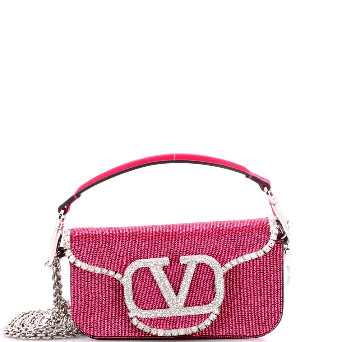 Valentino Garavani VLogo Loco Flap Shoulder Bag Embellished Leather Small: Valentino Garavani VLogo Loco Flap Shoulder Bag Embellished Leather Small Pink Crystal Leather Valentino Garavani VLogo Loco Flap Shoulder Bag with Extra Strap. This small, embellished leather bag