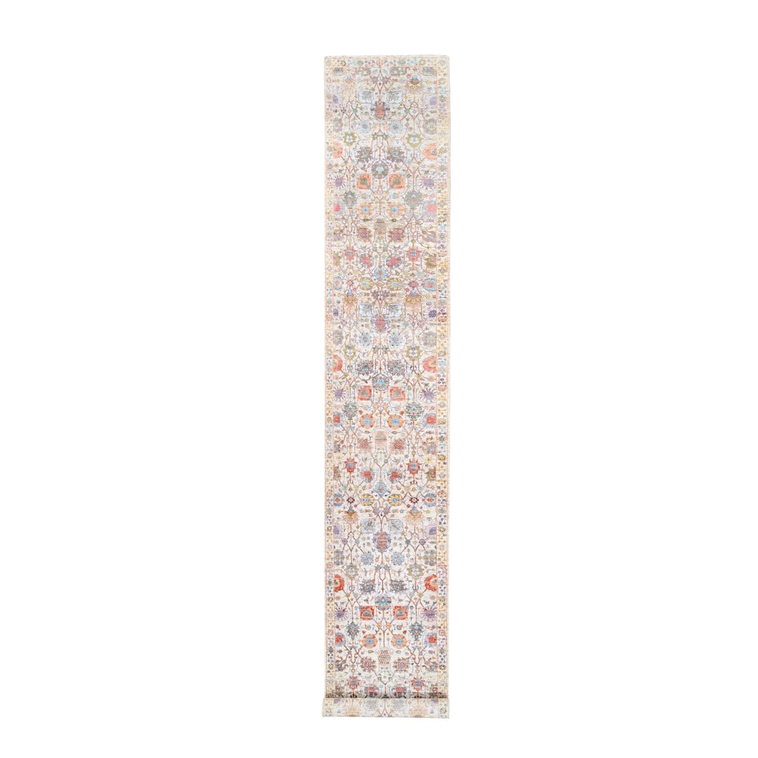 2'6"x16'1" Colorful Silk With Textured Wool Tebraz Vase Hand Knotted Rug: 2'6"x16'1" Colorful Silk With Textured Wool Tebraz Vase Hand Knotted Rug The colorful silk and textured wool Tebraz vase hand knotted rug boasts an intricate oriental design, featuring a subtle ivory