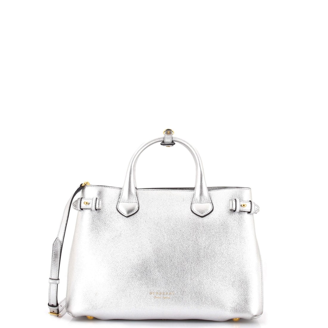 House Check Leather Tote Canvas Medium Burberry: House Check Leather Tote Canvas Medium Burberry Silver House Check Leather Tote with Medium Size, featuring heavy corner wear and scuffs on the exterior, and minor creases in the handles. The