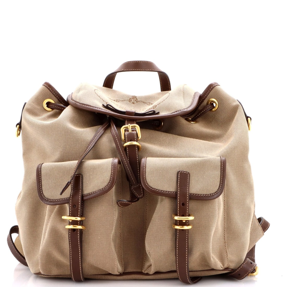 Logo Backpack Canvas By Prada: Logo Backpack Canvas By Prada Brown canvas backpack with gold hardware, featuring the iconic Prada logo. This classic design boasts clean lines and a timeless aesthetic, with minor wear evident in