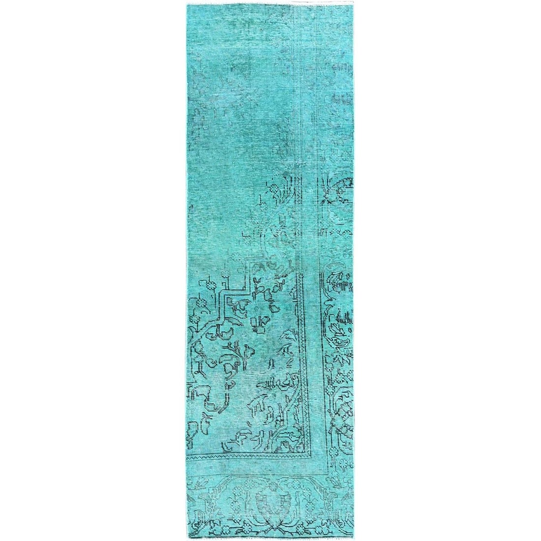 2'3"x7'5" Green Overdyed Vintage Zoroastrian Hand Knotted Wool Runner Rug: 2'3"x7'5" Green Overdyed Vintage Zoroastrian Hand Knotted Wool Runner Rug This stunning vintage Zoroastrian hand-knotted wool runner rug boasts a rich, vibrant green overdyed color and intricate