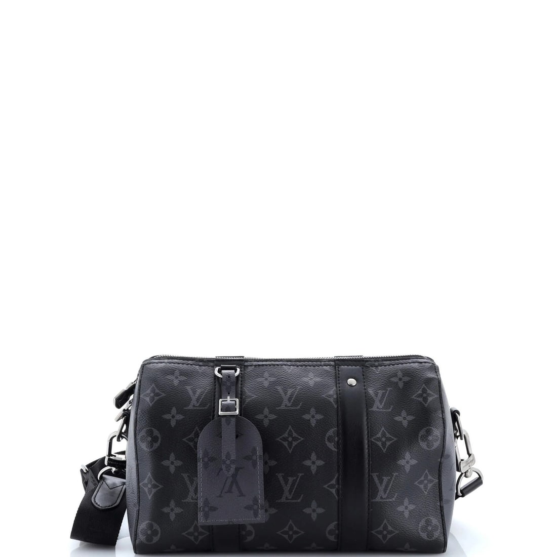 Monogram Eclipse Louis Vuitton Reverse Canvas Keepall City Bag: Monogram Eclipse Louis Vuitton Reverse Canvas Keepall City Bag Black Monogram Eclipse Reverse Canvas City Keepall Bag with minor scuffs and creases, featuring a classic cross-body design and silver ha